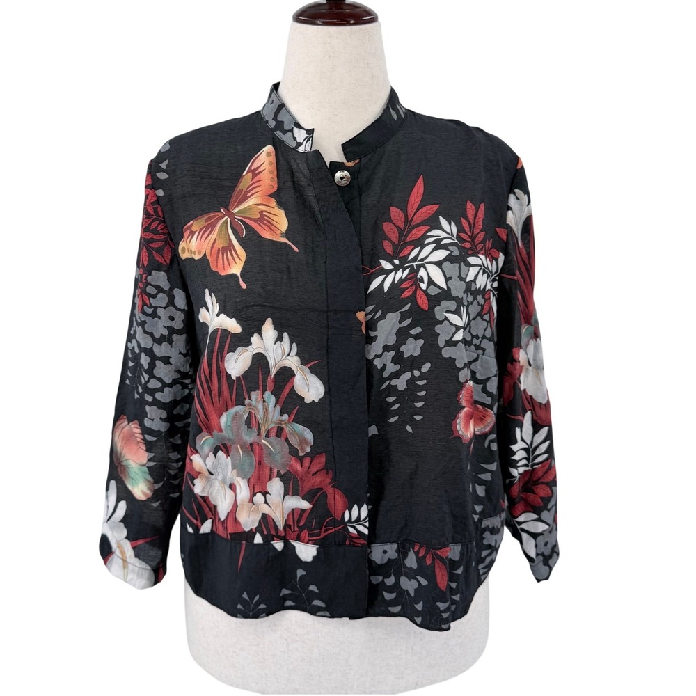 Citron Santa Monica Black Butterfly Floral Bamboo Blouse PL Womens 3/4 Sleeve‎